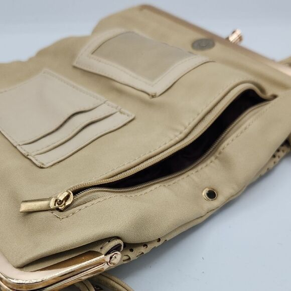 Elegant Beige And Gold Perforated Clutch, Wristlet, and Crossbody Bag - Picture 9 of 9